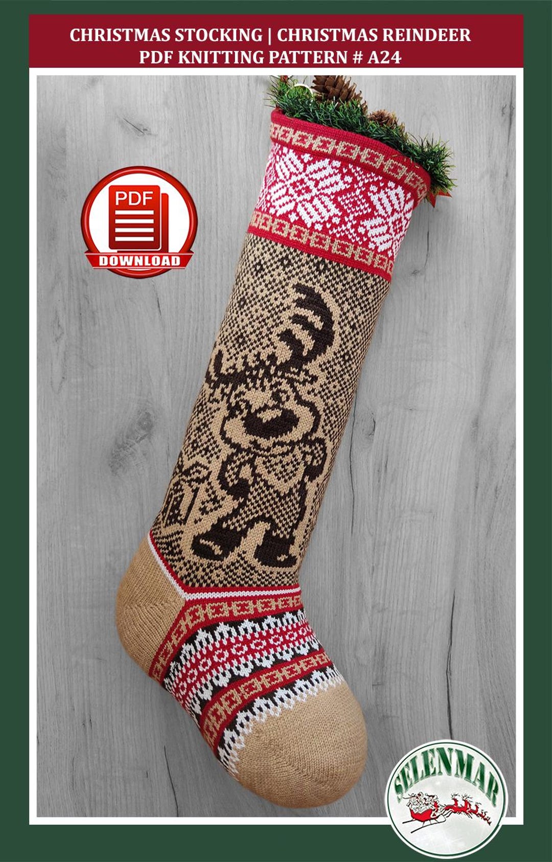 Knit Christmas Reindeer Stocking Pattern Fair Isle Scandinavian Large ...
