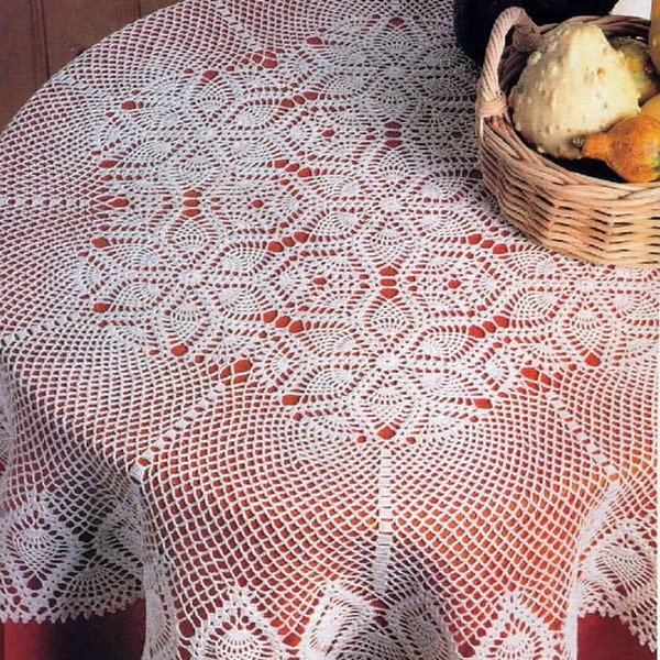 Pineapple round tablecloth crochet pattern Size: 43 ins 110 cm Floral lace motif Patchwork table cover vintage pattern – Chart #D225*