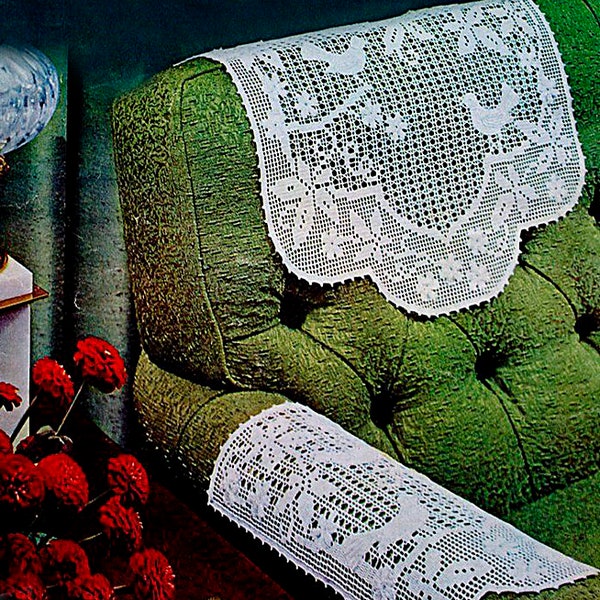 PDF Vintage Chart Crochet Pattern |  Filet Crochet Cover for  armchair | Chair Back  16" x  17"| Arm Rest Doily  9" x  14"| Pattern # D291*