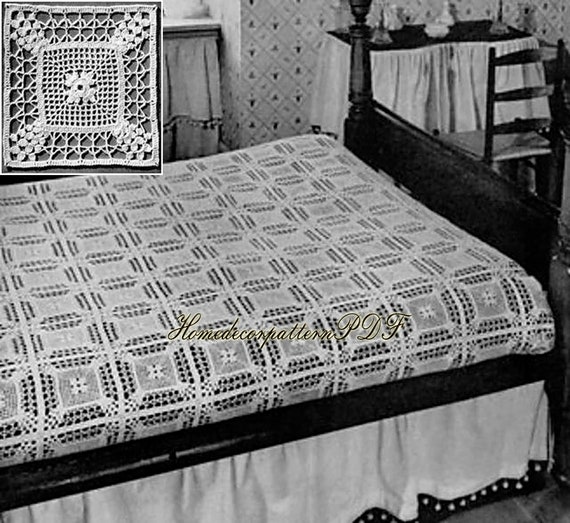 Crochet Filet Lace Bedspread Pattern 90 X 106 In Vintage Motif Etsy