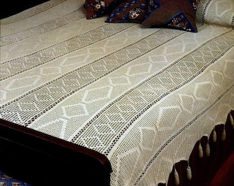 Filet bedspread crochet pattern Vintage lace bed cover Teardrop tassel throw Blanket Size: 72 x 104 in 180 x 260 cm – Chart #B324*