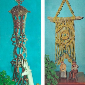 May include: Two macrame wall hangings. One is a tall, vertical design with red and tan rope, and the other is a yellow macrame piece with a wooden dowel at the top. The yellow piece has blue and green beads hanging from the bottom.