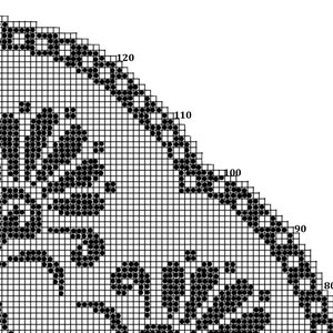 May include: Black and white pixel art design featuring a floral pattern. The design is in the shape of a half circle and is made up of small black dots on a white background.