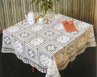 Tableau PDF vintage Motif au crochet Motifs de dentelle Nappe Taille : 117 cm carré | Nappe au crochet | Patron au crochet avec grille # S55*