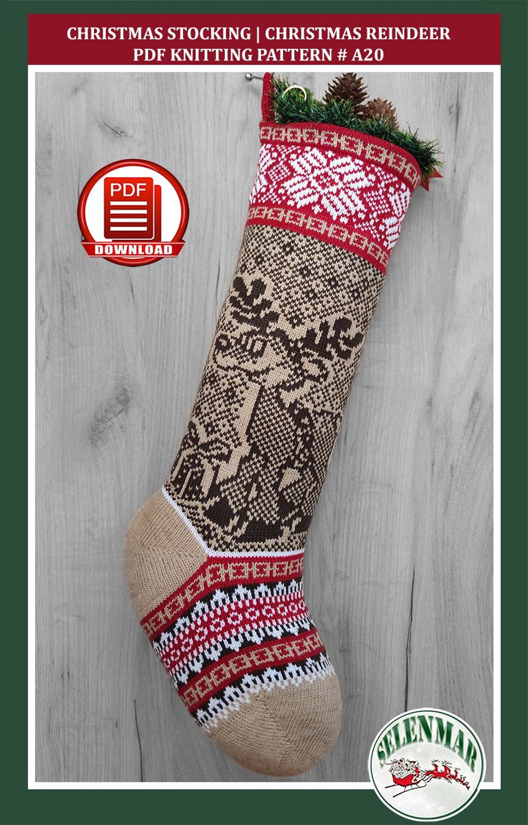 Knit Christmas Deer Stocking Pattern Rustic Holiday Decoration Reindeer ...