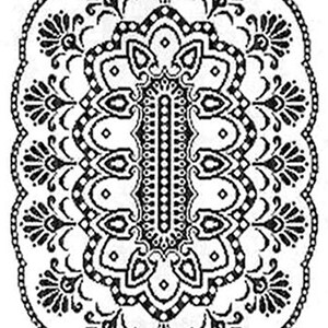 May include: Black and white intricate design with a circular pattern. The design features a central vertical line with a series of repeating motifs.