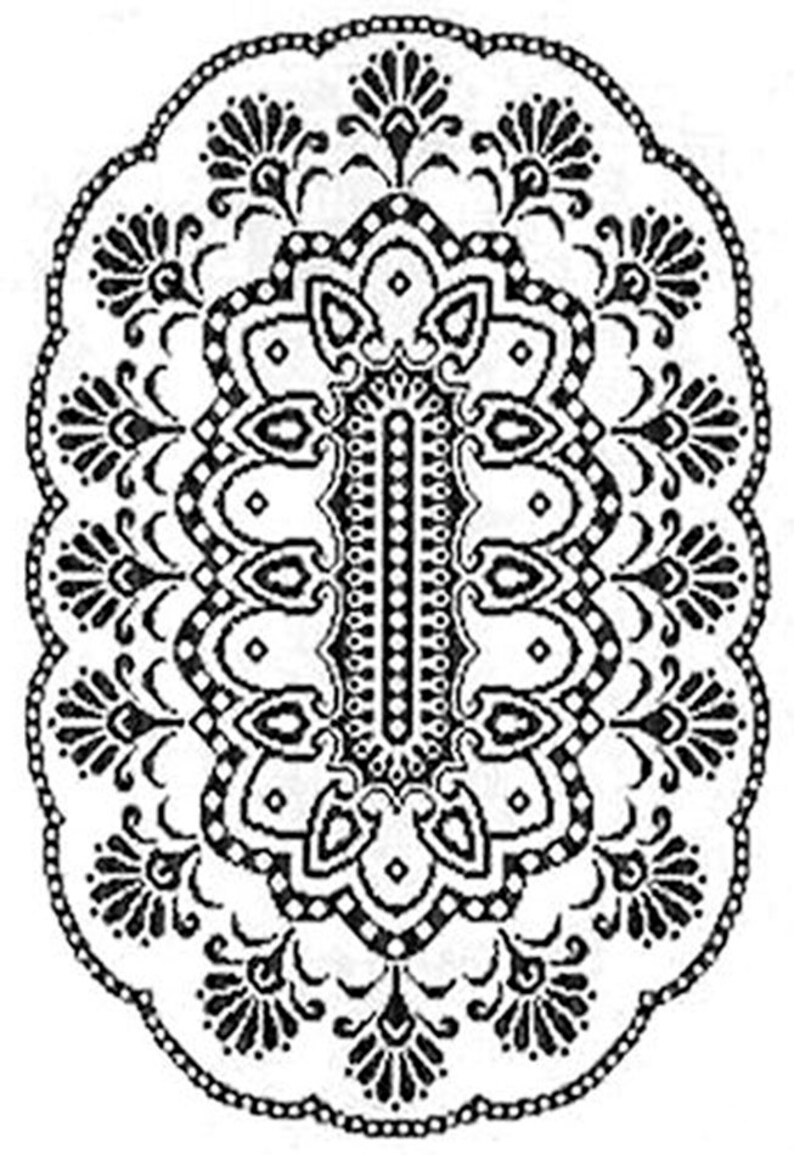 May include: Black and white intricate design with a circular pattern. The design features a central vertical line with a series of repeating motifs.