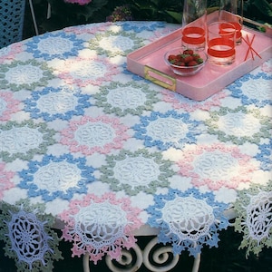 May include: A round tablecloth featuring a repeating pattern of white crocheted circular motifs with scalloped edges in pastel pink, light blue, and sage green. A rectangular pink tray holds three clear glasses with red bands and a bowl of strawberries.