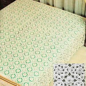 May include: An off-white crochet bedspread featuring a repeating floral and scrollwork pattern. The textile is draped over a bed, showcasing a detailed close-up inset that highlights the intricate, interconnected lace motifs and textured stitching.