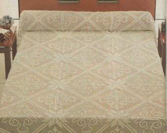 Vintage Filet Bedspread Crochet Pattern Lace Bed Cover Blanket Size: 93 x 105 in 236 x 267 cm – Chart #D207*