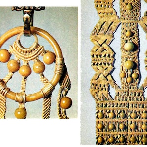 May include: Two pieces of handcrafted jewelry. One is a circular pendant with a ring and dangling beads. The other is a decorative piece with a geometric pattern and spherical beads. Both are in shades of tan and yellow.