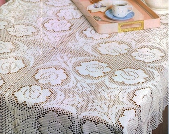 Floral filet tablecloth crochet pattern Vintage roses table cover Size 46 x 66 ins - Chart #S345*