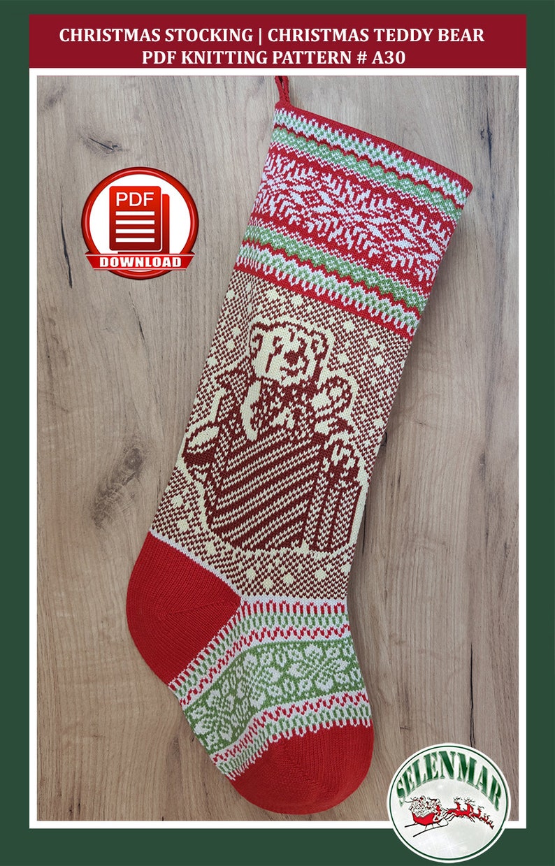 Teddy Bear Stocking Knitting Pattern Nordic Fair Isle Large Santa Sock ...