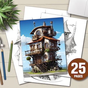 25 Steampunk Fairy Houses Coloring Book - Adults Kids Coloring Pages, Instant Download, Grayscale Coloring Book, Printable PDF File