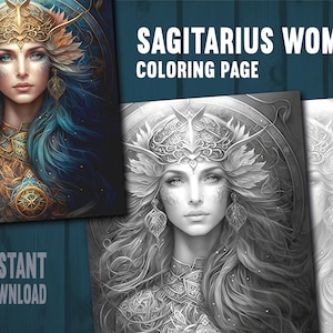 Sagitarius Woman Coloring Page - Adults Kids Coloring Page, Instant Download, Grayscale Coloring Page, Printable PDF File, PNG