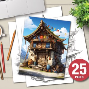 25 Little Tibetan Houses Coloring Book - Adults Kids Coloring Pages, Instant Download, Grayscale Coloring Book, Printable PDF File