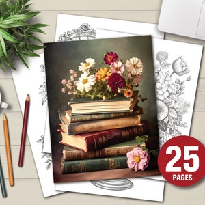 25 Vintage Flower Objects Coloring Book - Adults Kids Coloring Pages, Instant Download, Grayscale Coloring Book, Printable PDF File
