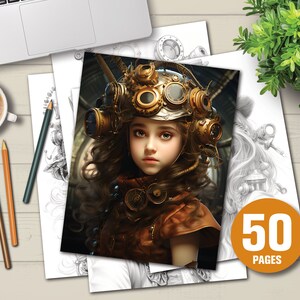 50 Steampunk Girls Coloring Book Adult Coloring Pages Grayscale Coloring Pages Coloring Book PDF Instant Download