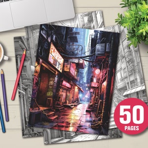50 Cyberpunk Streets Coloring Book - Adults Coloring Pages, Instant Download, Grayscale Coloring Book, Printable PDF File