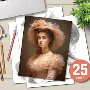 25 Cute Victorian-Style Girls Coloring Book -  Adults Kids Coloring Pages, Instant Download, Grayscale Coloring Book, Printable PDF File