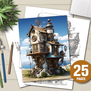 25 Little Steampunk Houses Coloring Book - Adults Kids Coloring Pages, Instant Download, Grayscale Coloring Book, Printable PDF File
