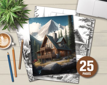 25 Beautiful Cabin Coloring Book - Adults Kids Coloring Pages, Instant Download, Grayscale Coloring Book, Printable PDF File