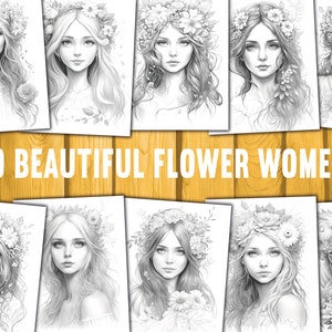20 Beautiful Flower Women Coloring Book - Adults Kids Coloring Pages, Instant Download, Grayscale Coloring Book, Printable PDF File