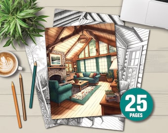 25 Cozy Cabins Coloring Book - Adults Kids Coloring Pages, Instant Download, Grayscale Coloring Book, Printable PDF File
