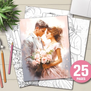 25 Libro para colorear de parejas de bodas - Páginas para colorear para niños adultos, Descarga instantánea, Páginas para colorear en escala de grises, Archivo PDF imprimible