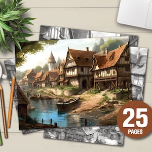 25 Medival Villages Coloring Book - Adults Kids Coloring Pages, Instant Download, Grayscale Coloring Book, Printable PDF File