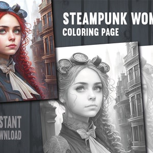 Steampunk Women Coloring Page - Adults Kids Coloring Page, Instant Download, Grayscale Coloring Page, Printable PDF File, PNG