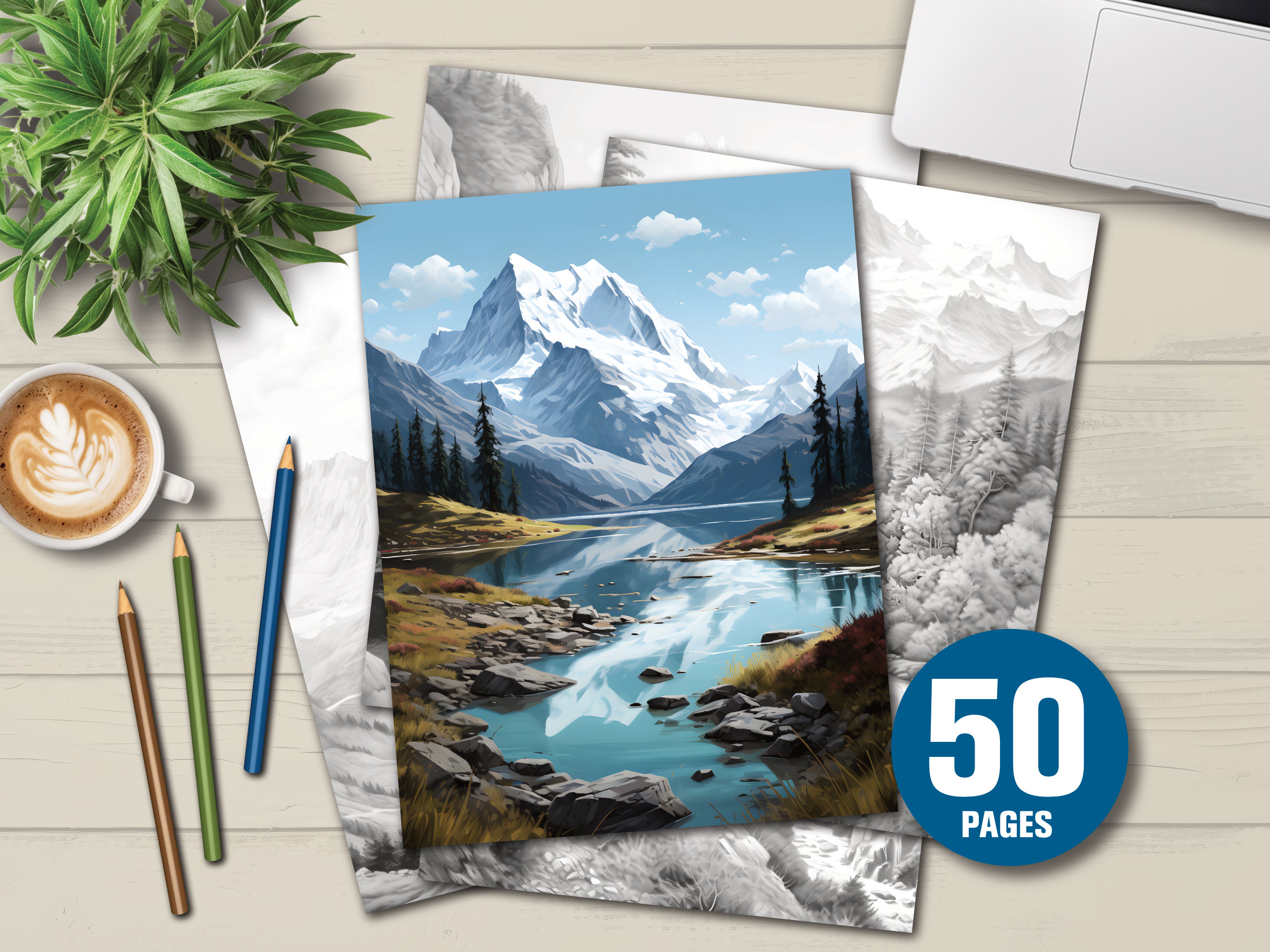 50 Beautiful Mountains Coloring Book - Adults Kids Coloring Pages, Instant Download, Grayscale Coloring Book, Printable PDF File