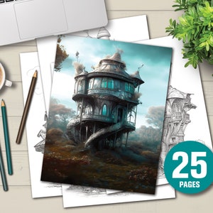 25 Little Futuristic Fairy Houses Coloring Book - Adults Kids Coloring Pages, Instant Download, Grayscale Coloring Book, Printable PDF File