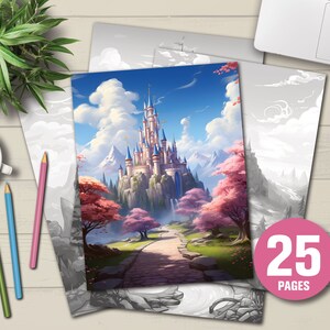 25 Fairytale Kingdoms Coloring Book - Adults Kids Coloring Pages, Instant Download, Grayscale Coloring Book, Printable PDF File