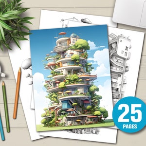 25 Little Condominiums Coloring Book - Adults Kids Coloring Pages, Instant Download, Grayscale Coloring Book, Printable PDF File
