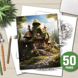 50 Enchanted Fairy Houses Coloring Book - Adults Kids Coloring Pages, Instant Download, Grayscale Coloring Book, Printable PDF File