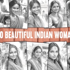 20 Beautiful Indian Women Coloring Book - Adults Kids Coloring Pages, Instant Download, Grayscale Coloring Book, Printable PDF File