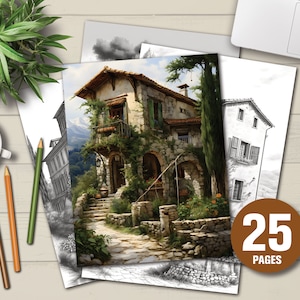 25 Italian Country Houses -  Adults Kids Coloring Pages, Instant Download, Grayscale Coloring Book, Printable PDF File