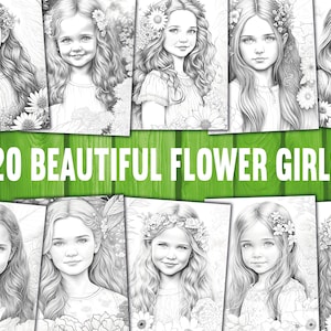 20 Beautiful Flower Girls Coloring Book - Adults Kids Coloring Pages, Instant Download, Grayscale Coloring Book, Printable PDF File