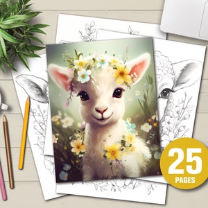 25 Cute Flower Lambs Coloring Book - Adults Kids Coloring Pages, Instant Download, Grayscale Coloring Book, Printable PDF File