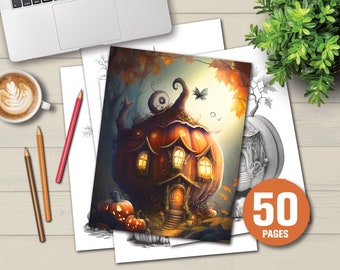 50 Kürbis Feenhäuser Malbuch - Erwachsene Kinder Malseiten, sofortiger Download, Graustufen Malbuch, druckbare PDF-Datei