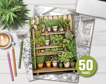 50 Herb Gardens - Adults Coloring Pages, Instant Download, Grayscale Coloring Book, Printable PDF File