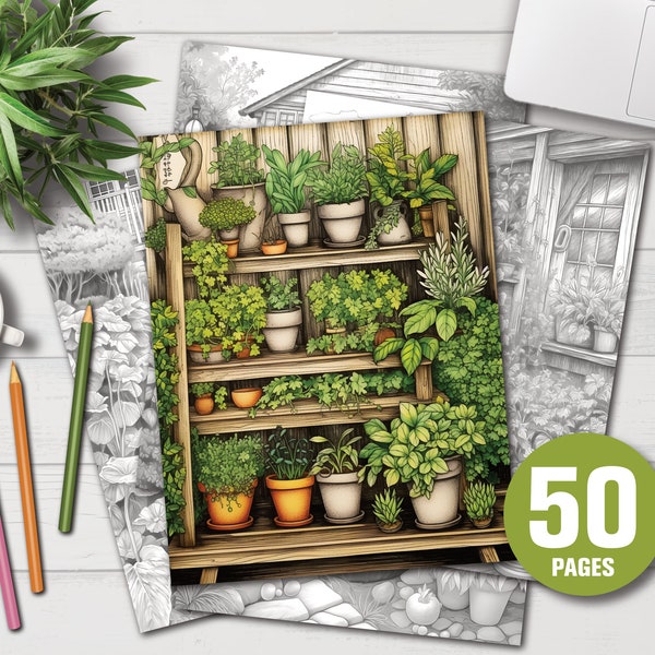 50 Herb Gardens - Adults Coloring Pages, Instant Download, Grayscale Coloring Book, Printable PDF File