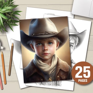 25 Cute Little Cowboys Coloring Book - Adults Kids Coloring Pages, Instant Download, Grayscale Coloring Book, Printable PDF File