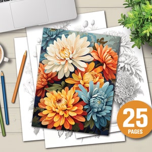 25 Beautiful Chrysanthemums Coloring Book - Adults Kids Coloring Pages, Instant Download, Grayscale Coloring Book, Printable PDF File