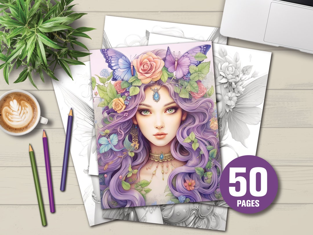 50 Beautiful Fairies Coloring Book - Adult Coloring Pages, Instant ...