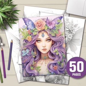 50 Beautiful Fairies Coloring Book - Adult Coloring Pages, Instant Download, Grayscale Coloring Book, Printable PDF File