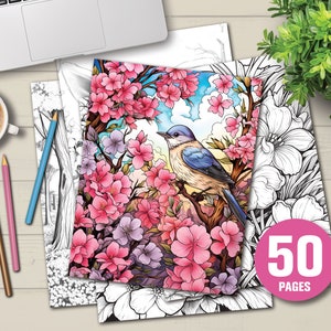 50 Springtime Images Coloring Book - Adults Kids Coloring Pages, Instant Download, Grayscale Coloring Book, Printable PDF File