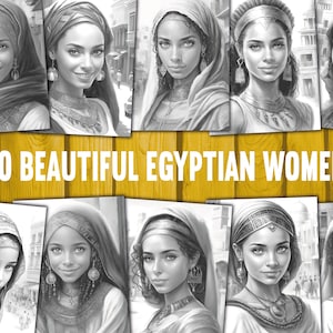20 Beautiful Egyptian Women Coloring Book - Adults Kids Coloring Pages, Instant Download, Grayscale Coloring Book, Printable PDF File