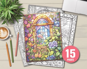15 Floral Stained Glass Coloring Book - Adults Kids Coloring Pages, Instant Download, Grayscale Coloring Book, Printable PDF File
